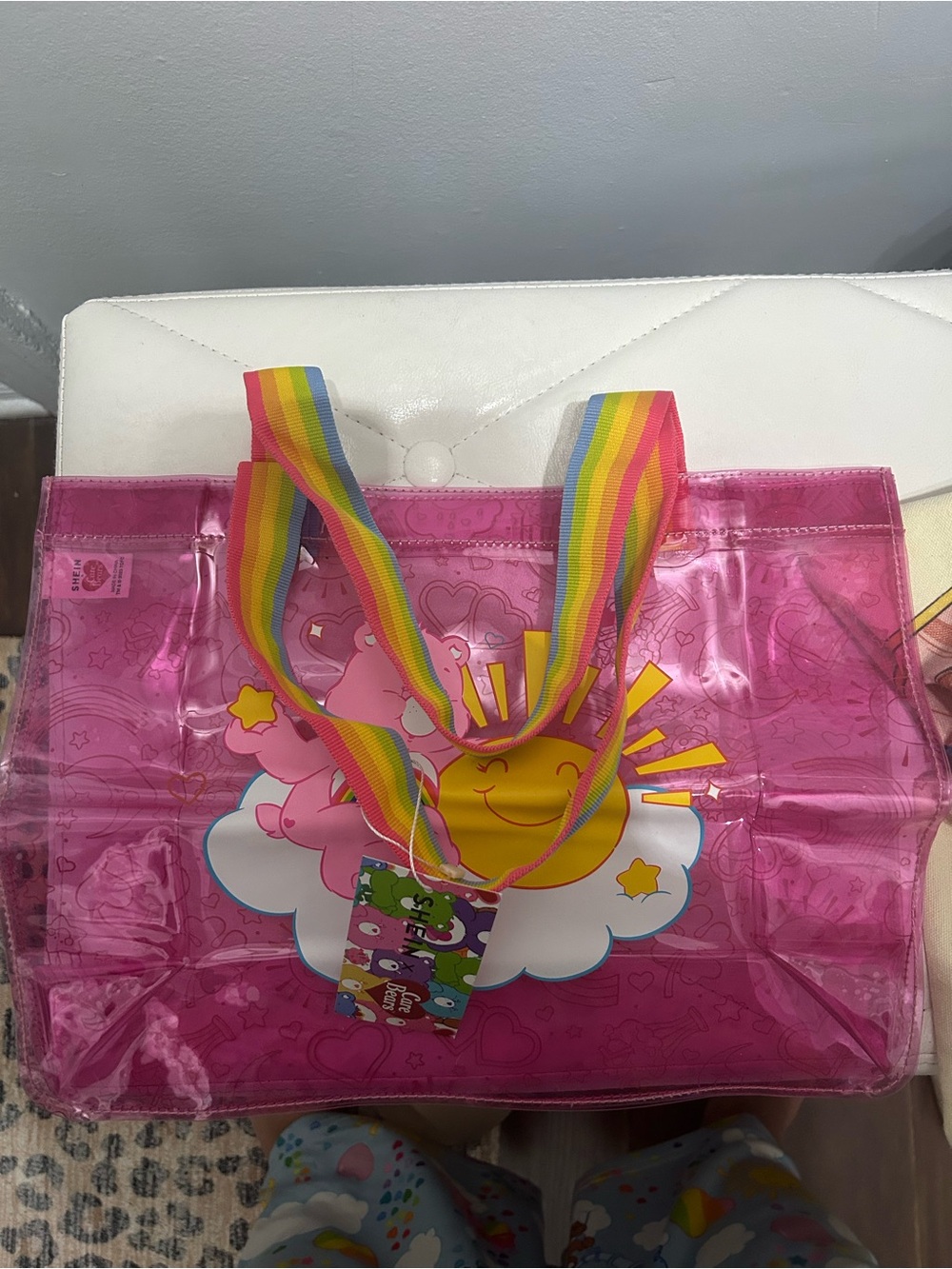 Pink Kids Tote Bag with Rainbow Straps - Sunny Cloud Design